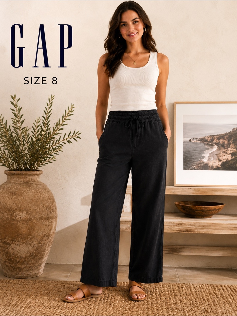 GAP Size 8 Charcoal Pull On Drawstring High Rise Straight Leg Pants